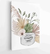 Watercolor antique marble statue of lips face with boho flowers, dried tropical palm leaf isolated isolated illustration sculpture - Moderne schilderijen - Vertical - 1728214282 -