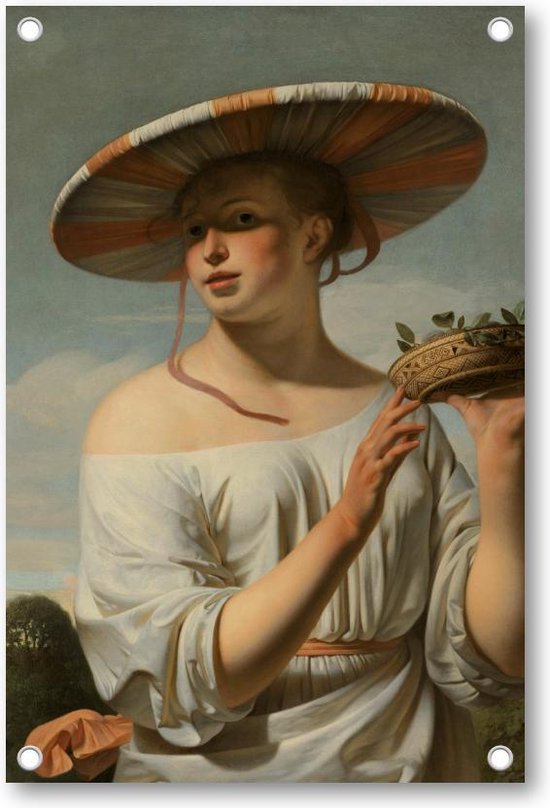 Meisje met een brede hoed - Tuinposter 60x90 - Wanddecoratie - Caesar Boëtius van Everdingen - Meesterwerken