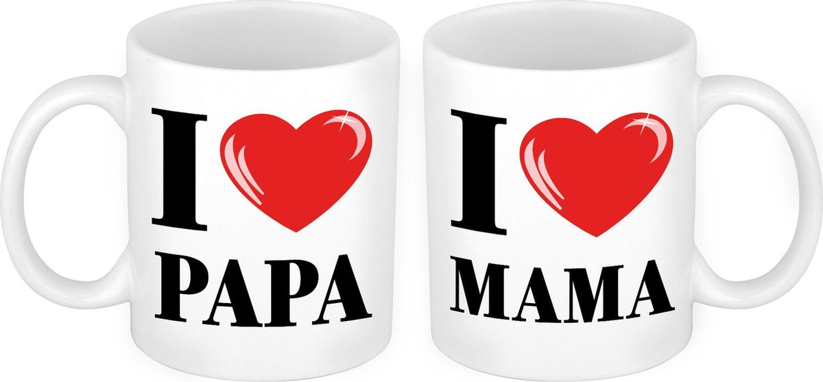 I love Mama en Papa mok - Cadeau beker set voor Papa en Mama - Moederdag en Vaderdag cadeautje