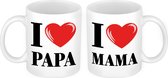 I love Mama en Papa mok - Cadeau beker set voor Papa en Mama - Moederdag en Vaderdag cadeautje