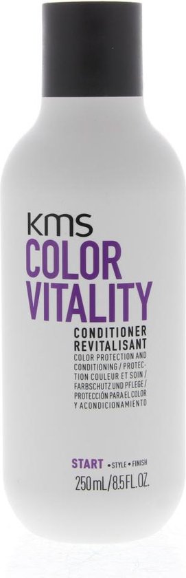 Witte KMS Color Vitality conditioner fles met zwarte dop, op witte achtergrond.