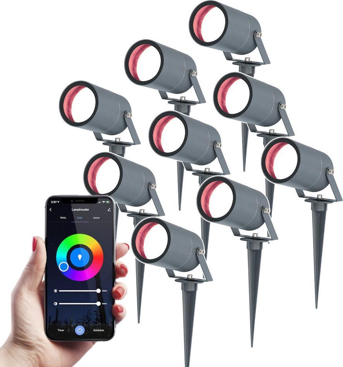 HOFTRONIC SMART 9x Hoftronic Smart - Spikey tuinspot voor buiten - LED - Antraciet - Besturing via app - WiFi - Bluetooth - Dimbaar - Waterdicht - Slimme verlichting - 5.5 Watt - 400 lumen - 230V - RGBWW - Verwisselbare GU10 - Voor alle smart assistenten