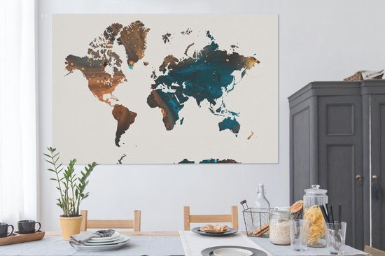 Wereldkaart en peinture bleu foncé et orange sur fond rose 180x120 cm