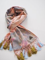 YELIZ YAKAR - Luxe  dames Pashmina sjaal " Anthea I"- met bloemenprint en extra franjes - licht roze kleur bedrukt met pastel tinten- multi kleur - handmade - designer kleding- tre