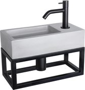 Ensemble lavabo Differnz Ravo - Béton gris clair - Robinet courbé noir mat - Avec porte-serviettes - 38,5 x 18,5 x 9 cm