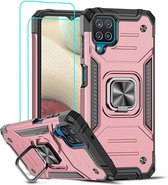 Samsung A12 Hoesje Heavy Duty Armor Hoesje Rose Goud - Galaxy A12 Case Kickstand Ring cover met Magnetisch Auto Mount- Samsung A12 screenprotector 2 pack