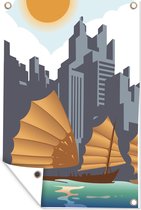 Muurdecoratie Kleurrijke illustratie van Hong Kong met boten en de zon - 120x180 cm - Tuinposter - Tuindoek - Buitenposter