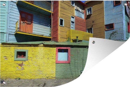 Muurdecoratie Kleurrijke geschilderde huizen gemaakt van een golfplaat ijzer in la Boca - 180x120 cm - Tuinposter - Tuindoek - Buitenposter