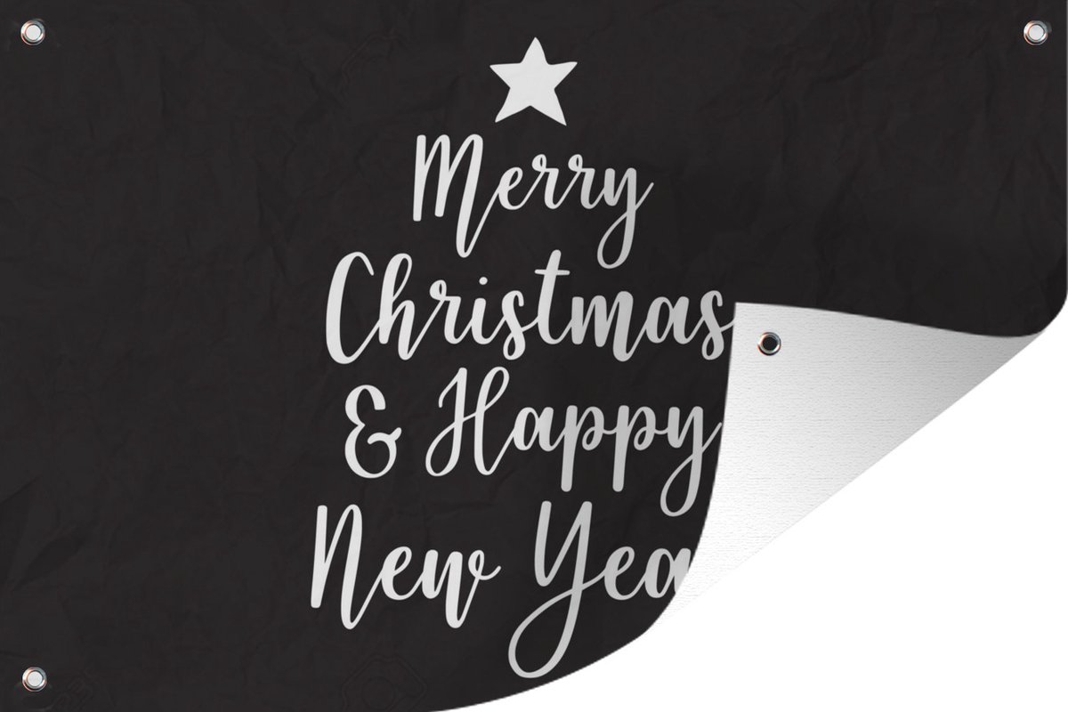Moderne kerstdecoratie met de tekst "Merry Christmas & Happy New Year" op zwarte achtergrond - 180x120 cm - Tuinposter
