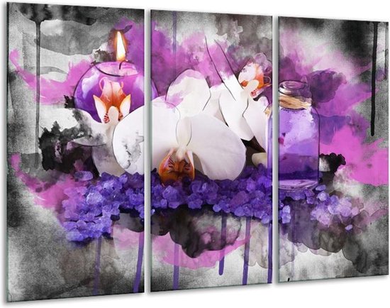 GroepArt - Schilderij -  Orchidee - Paars, Blauw, Wit - 120x80cm 3Luik - 6000+ Schilderijen 0p Canvas Art Collectie