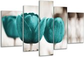 Glasschilderij Tulpen, Bloemen - Turquoise, Sepia - 170x100cm 5Luik - Foto Op Glas - Geen Acrylglas Schilderij - 6000+ Glasschilderijen Collectie - Wanddecoratie