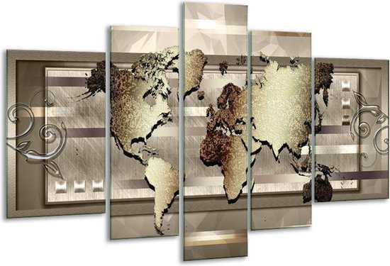 Glasschilderij Wereldkaart - Bruin, Goud - 170x100cm 5Luik - Foto Op Glas - Geen Acrylglas Schilderij - 6000+ Glasschilderijen Collectie - Wanddecoratie