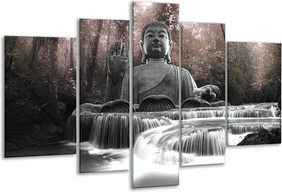 Glasschilderij Boeddha, Natuur - Grijs - 170x100cm 5Luik - Foto Op Glas - Geen Acrylglas Schilderij - 6000+ Glasschilderijen Collectie - Wanddecoratie
