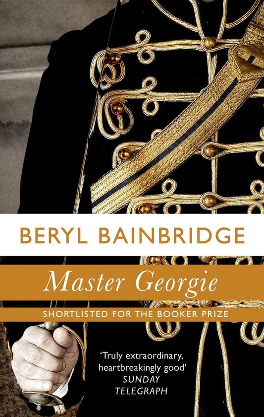 Boekomslag van Master Georgie van Beryl Bainbridge met een zwart uniform met gouden koordversiering.