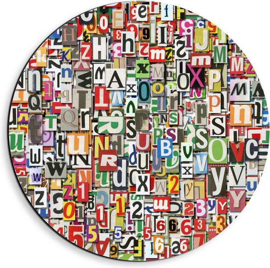 Dibond Wandcirkel - Collage van Letters - 40x40cm Foto op Aluminium Wandcirkel (met ophangsysteem)