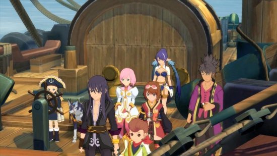 Een groep van negen anime personages staat op een houten schip.