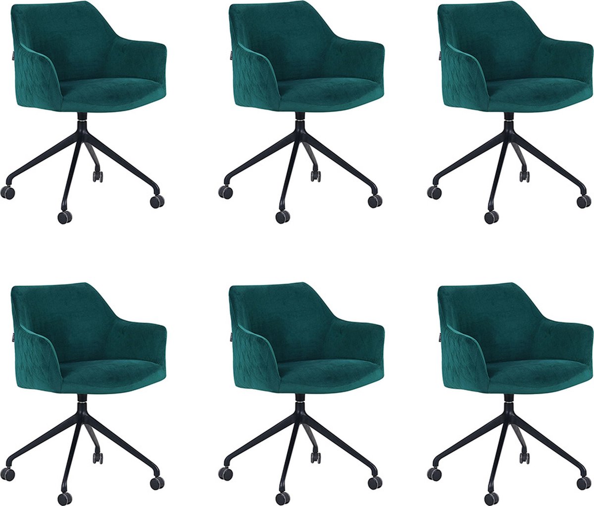 Bronx71® Eetkamerstoel met wieltjes Quinn donkergroen velvet - Eetkamerstoelen set van 6 - stoel