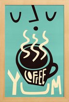JUNIQE - Poster met houten lijst Yum Coffee -13x18 /Turkoois
