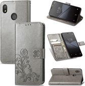 Voor Tecno Pop 3 Vier-blad Sluiting Reliëf Gesp Mobiele Telefoon Bescherming Lederen Case met Lanyard & Card Slot & Portemonnee & Beugel Functie (Grijs)