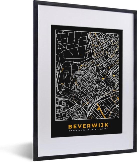 Fotolijst incl. Poster - Plattegrond - Beverwijk - Goud - Zwart - 30x40 cm - Posterlijst - Stadskaart