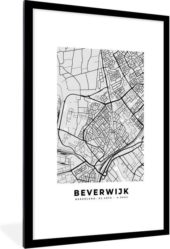 Fotolijst incl. Poster - Stadskaart - Beverwijk - Grijs - Wit - 80x120 cm - Posterlijst - Plattegrond