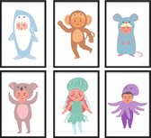 Kinderkamer Poster - Poster Haai, Aap, Muis, Octopus, Kwal En Koala / Kinderkamer / Dieren Poster / Babykamer - Kinderposter / Babyshower Cadeau / Muurdecoratie / 30 X 21cm / A4