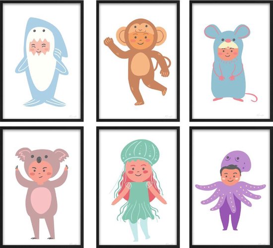 Kinderkamer Poster - Poster Haai, Aap, Muis, Octopus, Kwal En Koala / Kinderkamer / Dieren Poster / Babykamer - Kinderposter / Babyshower Cadeau / Muurdecoratie / 30 X 21cm / A4