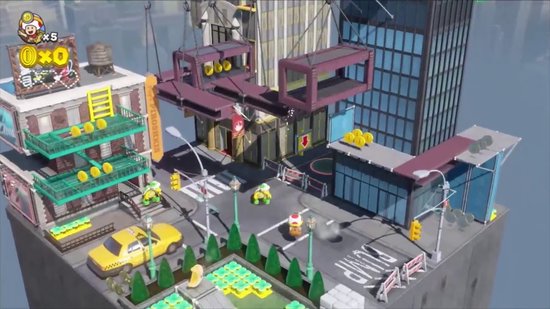 Stadslandschap met gebouwen, een gele taxi, groene bomen en een kruispunt.