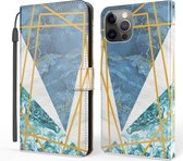 Marmeren horizontale flip TPU + PU lederen hoes met houder en kaartsleuven en portemonnee en draagkoord voor iPhone 12 Pro Max (blauw wit)