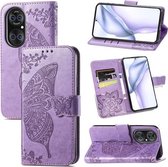 Voor Huawei P50 Butterfly Love Flowers Reliëf Horizontale Flip Leren Case met Houder & Kaartsleuven & Portemonnee & Lanyard (Lichtpaars)