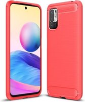 Voor Geschikt voor Xiaomi Redmi Note 10 5G geborstelde textuur koolstofvezel TPU-hoes (rood)