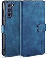 Voor Samsung Galaxy S21 FE DG.MING Retro oliezijde horizontale flip lederen tas met houder & kaartsleuven en portemonnee (blauw)
