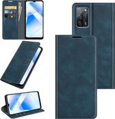 Voor OPPO A55 5G retro-skin zakelijke magnetische zuignap lederen tas met houder & kaartsleuven en portemonnee (donkerblauw)