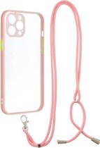 Transparante pc + TPU-telefoonhoes met knop in contrasterende kleur en nekkoord voor iPhone 11 Pro (roze)