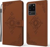 Voor Samsung Galaxy S20 Ultra Reliëf Fortuin Bloem Patroon Horizontale Flip Leren Case met Houder & Kaartsleuf & Portemonnee & Lanyard (Bruin)