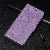 Voor Samsung Galaxy A22 4G Lace Flower Embossing Pattern Horizontale Flip lederen tas met houder & kaartsleuven & portemonnee & fotolijst (paars)
