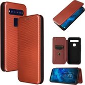Voor TCL 10 5G UW (Amerikaanse versie) Koolstofvezeltextuur Magnetische horizontale flip TPU + pc + PU lederen tas met kaartsleuf (bruin)