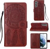 Voor Samsung Galaxy S21 FE Dream Catcher Printing Horizontale Flip lederen tas met houder & kaartsleuven & portemonnee & lanyard (rood)