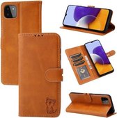 Voor Samsung Galaxy A22 5G EU Versie Reliëf Gelukkig Kat Patroon Horizontale Flip Lederen Case met Houder & Kaartsleuven & Portemonnee (Geel)