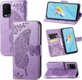 Voor OPPO A54 4G Vlinder Liefde Bloemen Reliëf Horizontale Flip Lederen Case met Houder & Kaartsleuven & Portemonnee & Lanyard (Lichtpaars)