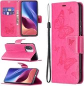 Voor Xiaomi Mi 11i / Poco F3 / Redmi K40 Twee vlinders reliëfpatroon Horizontale flip lederen tas met houder & kaartsleuf & portemonnee & lanyard (rose rood)