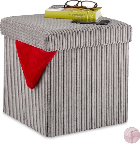 poef - opvouwbaar - ribstof - met deksel - opbergruimte - 38 x 38 x 38 cm - grijs