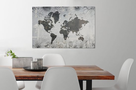 Wereldkaart avec motif béton gris foncé décorée d'illustrations de fleurs 90x60 cm