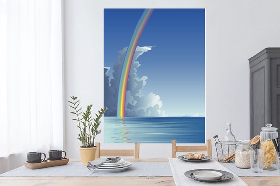Sticker Muursticker Illustration arc-en-ciel - illustration arc-en-ciel au dessus de la mer - 90x120 cm - film adhésif autocollant - sticker mural repositionnable