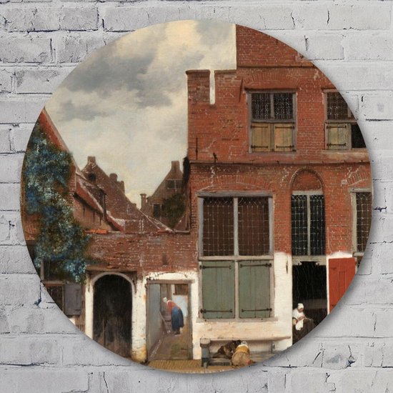 Muurcirkel ⌀ 80 cm - Gezicht op huizen in Delft | bekend als ‘Het straatje’ | Johannes Vermeer, ca. 1658 - Aluminium Dibond - Gebouwen - Rond Schilderij - Wandcirkel - Wanddecoratie