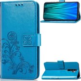 Voor Xiaomi Redmi Note 8 Pro Klavertje vier Embossed Buckle Bescherming voor mobiele telefoons Leren tas met sleutelkoord en kaartsleuf en portemonnee en beugelfunctie (blauw)