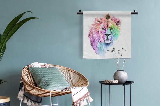 Wandkleed - Wanddoek - Leeuwen - Illustratie - Kleuren - 60x60 cm - Wandtapijt