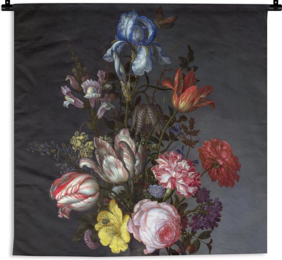 Wandkleed - Wanddoek - Bloemen in een vaas met schelpen en insecten - Balthasar van der Ast - 90x90 cm - Wandtapijt