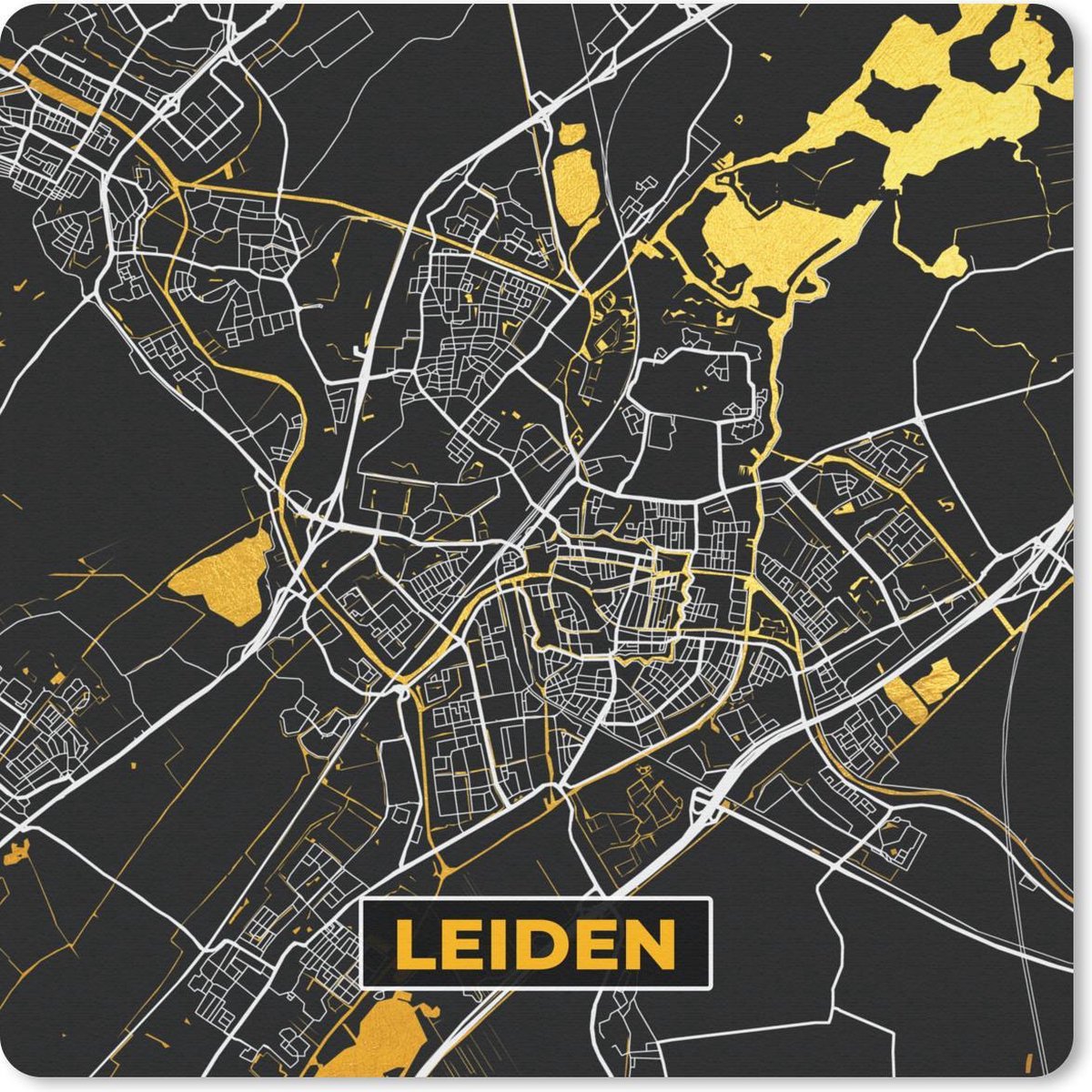 Muismat 20x20 cm - Mousepad Plattegrond - Leiden - Goud - Zwart - Muismatten - Stadskaart