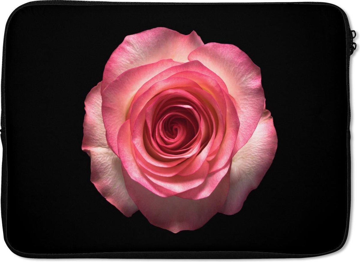 Laptophoes 13 inch - Roos - Roze - Bladeren - Laptop sleeve - Binnenmaat 32x22,5 cm - Zwarte achterkant